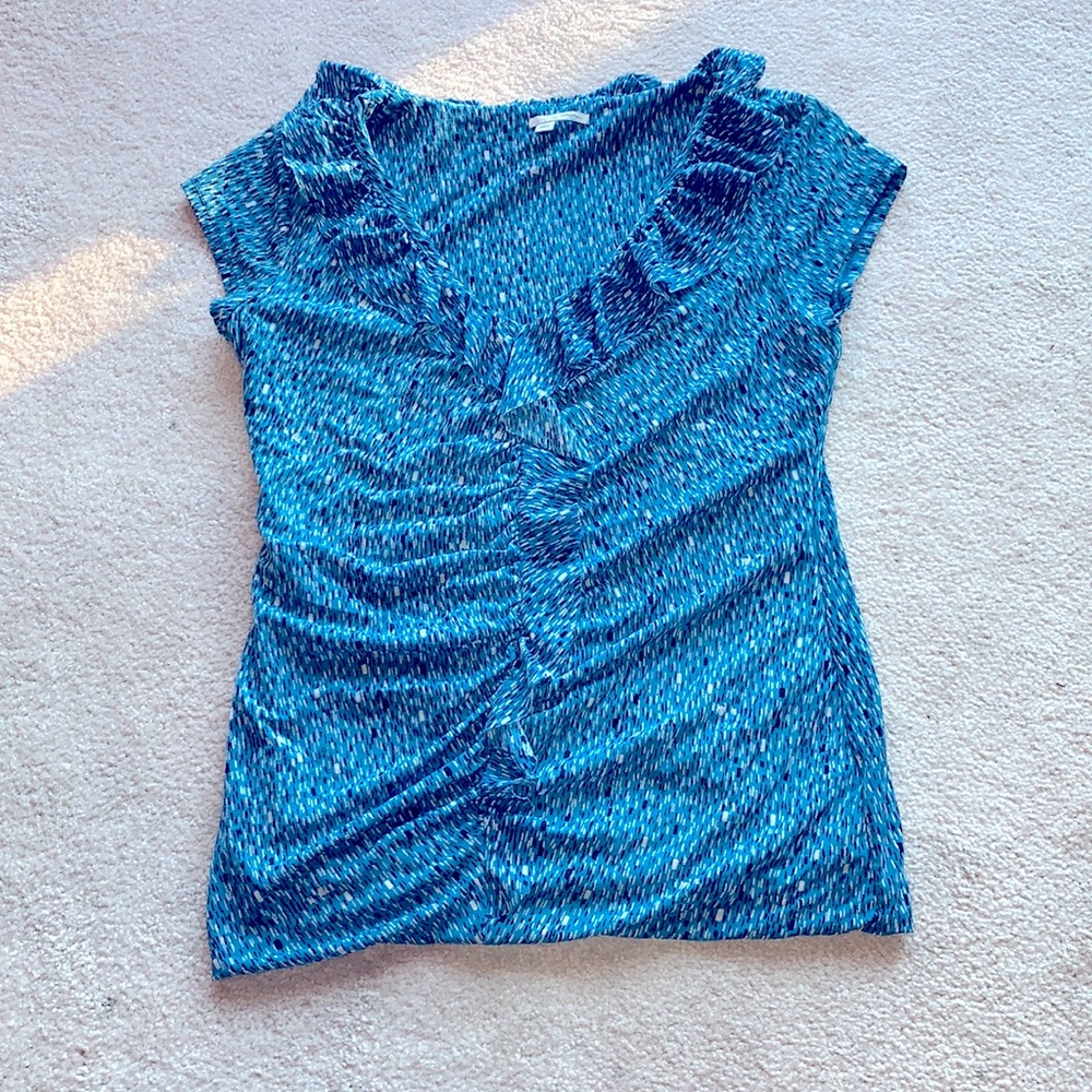 HALOGEN Mesh shirred top with ruffle neck and trim